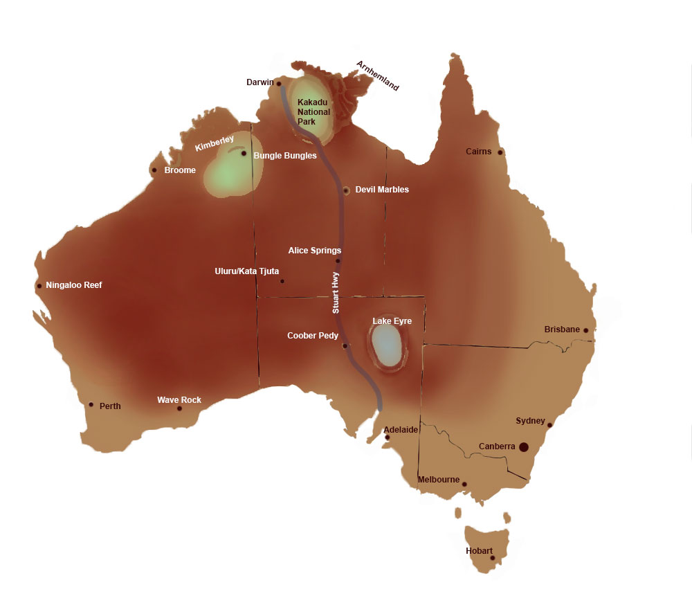 Outback Australien Karte mit Sehenswürdigkeiten